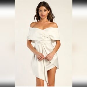 BNWOT Lulu's Always Celebrating Ivory Satin Off-the-Shoulder Mini Dress